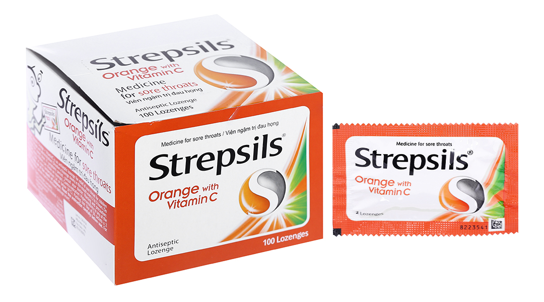 Viên ngậm Strepsils Orange With Vitamin C giảm đau họng (50 gói x 2 viên)