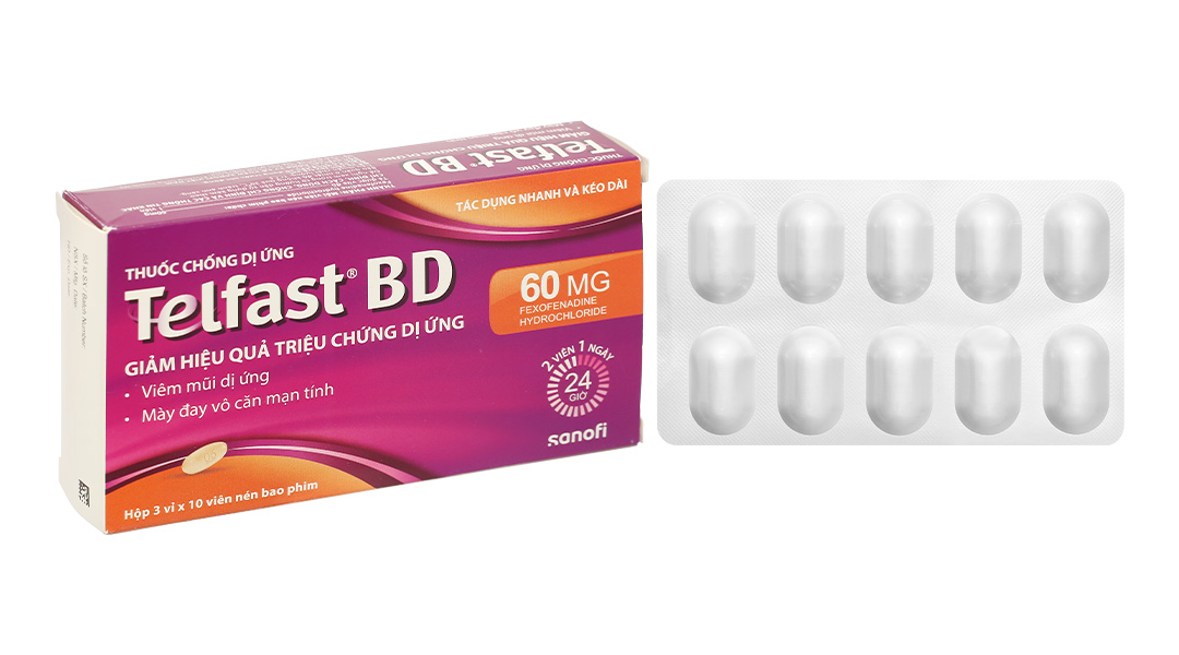 Telfast BD 60mg trị viêm mũi dị ứng, mày đay (3 vỉ x 10 viên)