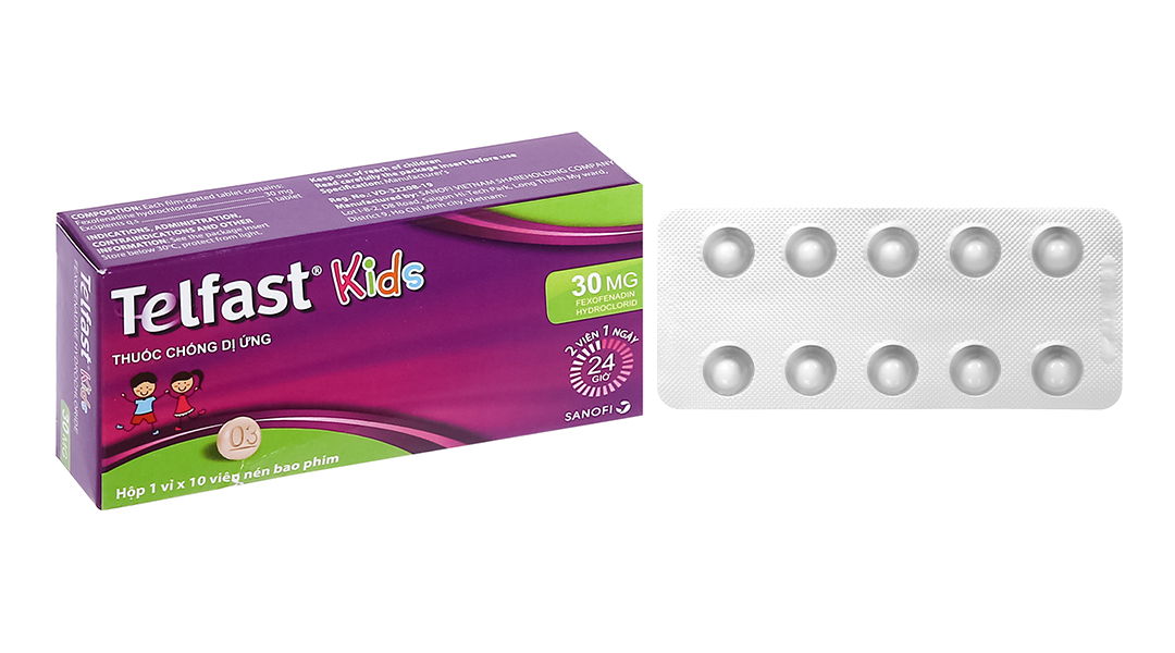 Telfast Kids 30mg trị viêm mũi dị ứng, mày đay cho bé (1 vỉ x 10 viên)