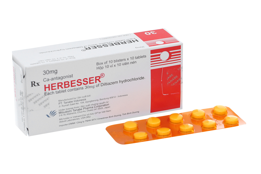 Herbesser 30mg trị tăng huyết áp, đau thắt ngực (10 vỉ x 10 viên)