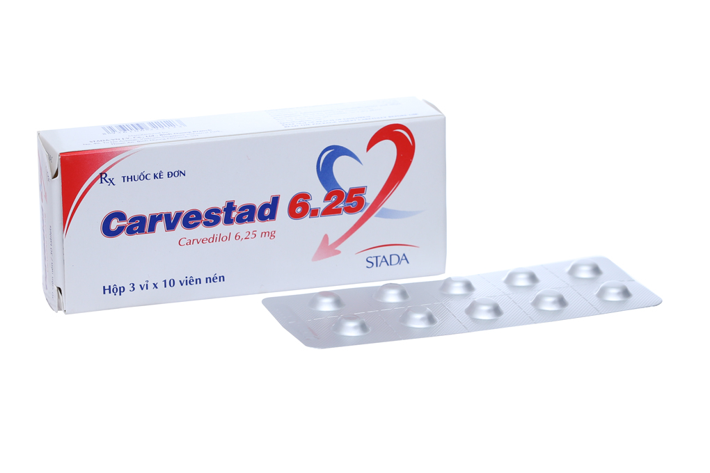 Carvestad 6.25 trị tăng huyết áp, đau thắt ngực (3 vỉ x 10 viên)