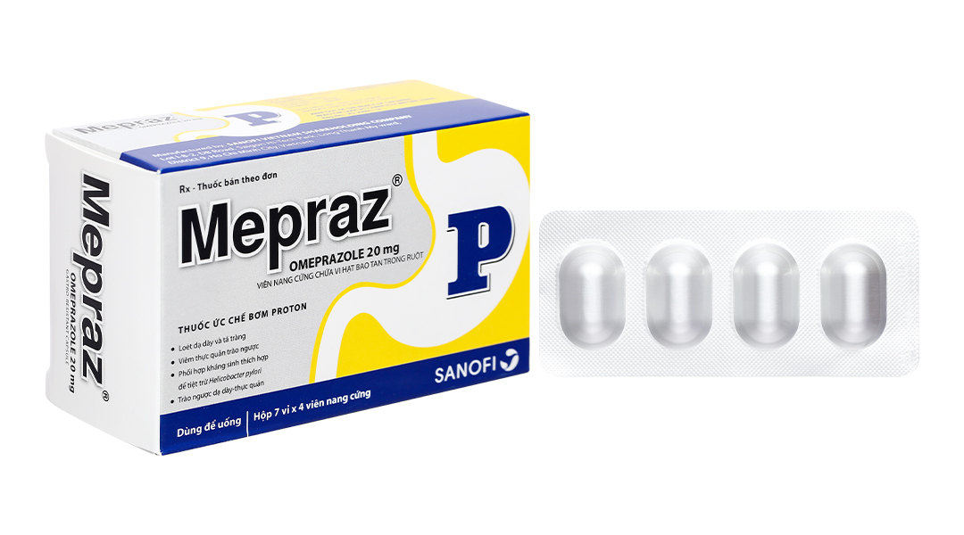 Mepraz 20mg trị trào ngược dạ dày, thực quản (7 vỉ x 4 viên)