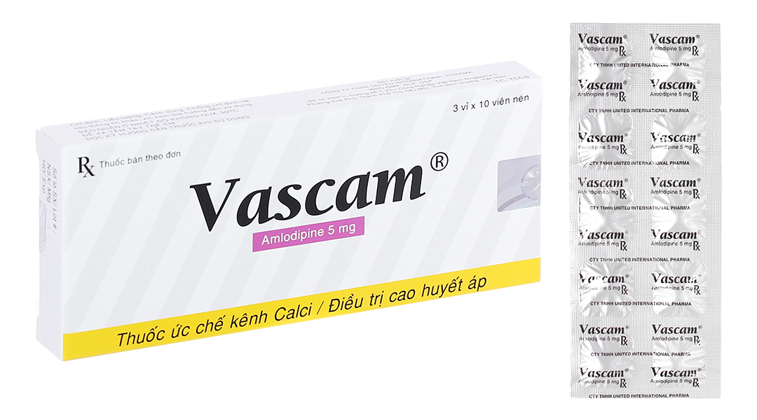 Vascam 5mg trị tăng huyết áp, đau thắt ngực (3 vỉ x 10 viên)