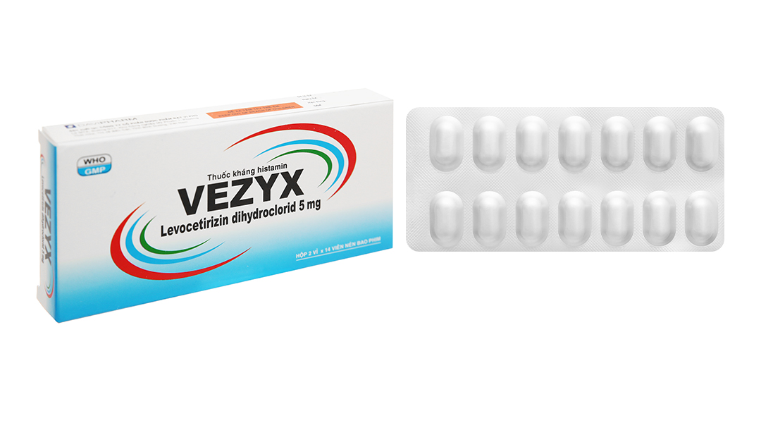 Vezyx 5mg trị viêm mũi dị ứng, mày đay (2 vỉ x 14 viên)