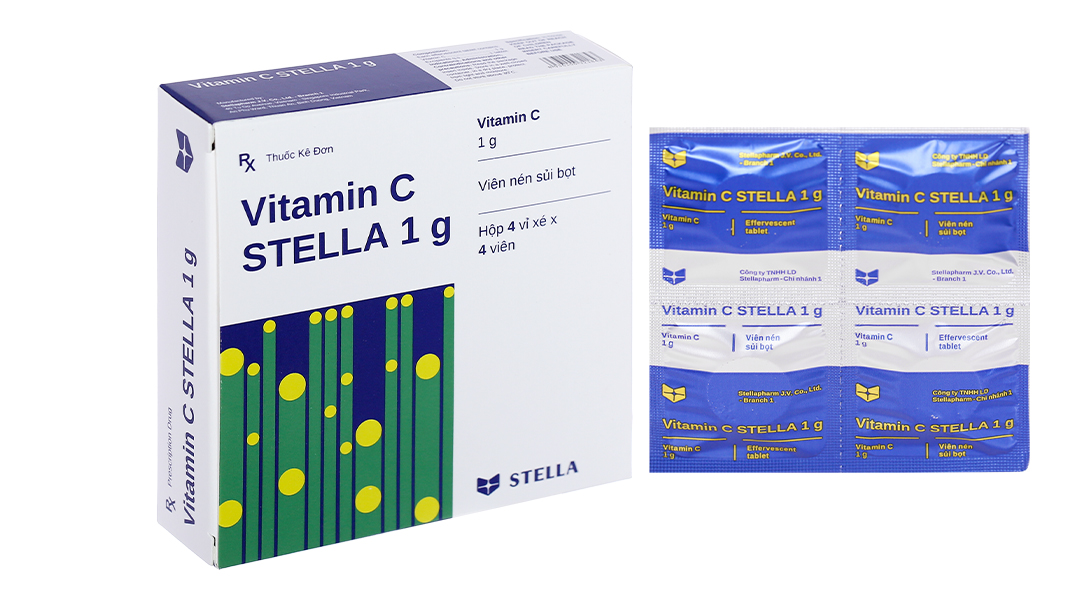 Viên nén sủi bọt Vitamin C Stella 1g trị chảy máu do thiếu vitamin C (4 vỉ x 4 viên)