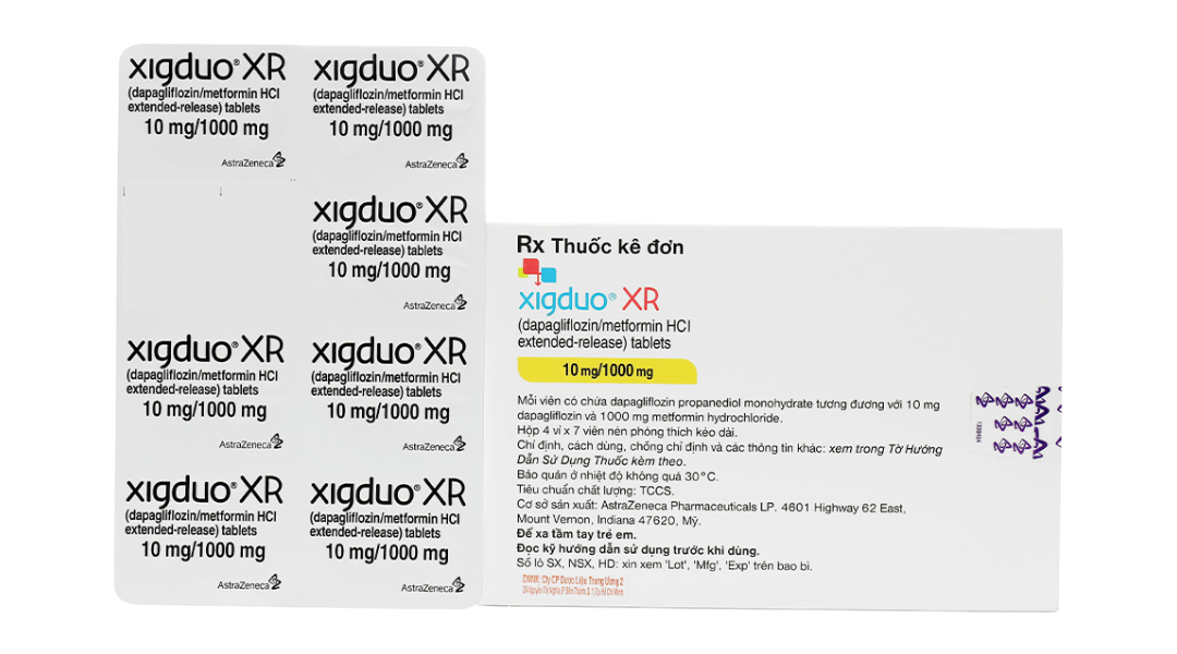 Xigduo XR 10mg/1000mg trị đái tháo đường (4 vỉ x 7 viên)